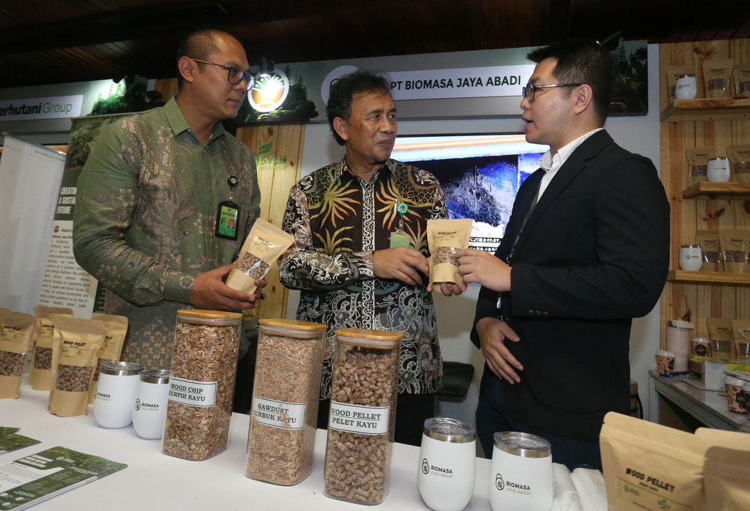 Direktur PT Biomasa Jaya Abadi (BJA) Samuel (kanan) memberi penjelasan kepada Dirjen Pengelolaan Hutan Lestari (PHL) Kementerian Kehutanan Dida Migfar Ridha (tengah) didampingi Direktur Bina Pengolahan dan Pemasaran Hasil Hutan (BPPHH) Ristianto Pribadi (kiri) saat mengunjungi booth BJA dalam acara Pameran Produk Olahan Hasil Hutan di kantor Kementerian Kehutanan, Jakarta,.Selasa 17 Desember 2024. Foto : Panji Asmoro/TrenAsia