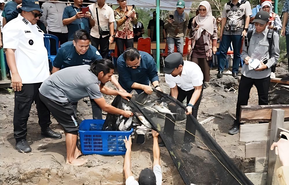 Pj Gubernur Kaltim Akmal Malik membuka panen perdana tambak 4 in 1 di Desa Labangka, Kabupatan Penajam Paser Utara.