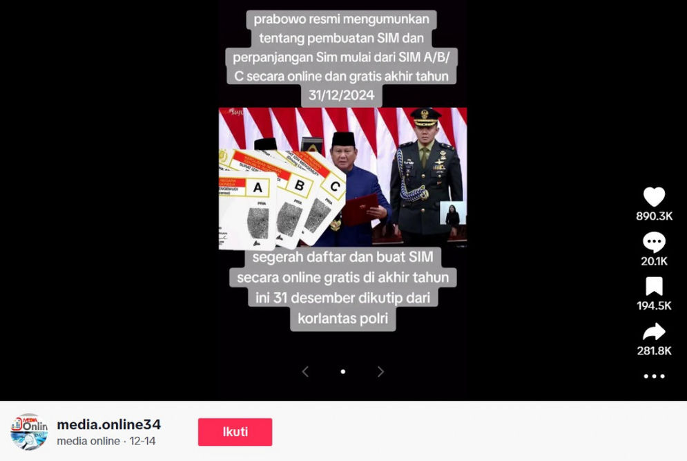 Hoaks: Prabowo Umumkan Pembuatan SIM Online Gratis, Ini Faktanya