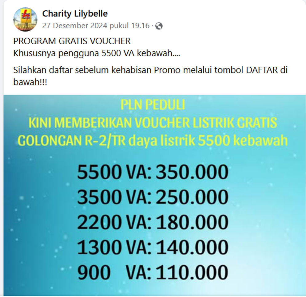 Hoaks: Tautan Voucher Listrik Gratis bagi Pelanggan PLN