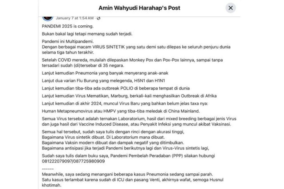 Cek Fakta: HMPV Disebut Virus Buatan Laboratorium dan Siap jadi Pandemi Selanjutnya, Benarkah?