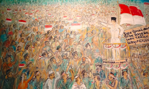 Lukisan karya Otto Djaja (1916-2002) berjudul "Rapat Raksasa" yang diadakan sebagai penegasan Proklamasi 17 Agustus 1945. Rapat yang dihadiri 350.000 orang ini juga diisi pidato Bung Karno selama lima menit. Foto : Andi Reza Rohadian/TrenAsia