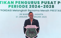 Ketua Umum Pengurus Pusat Persatuan Olahraga Berkuda Seluruh Indonesia (PP PORDASI) Aryo Djojohadikusumo dalam Pelantikan Pengurus Periode 2024-2028 dan Rapat Kerja Nasional (Rakernas) PP PORDASI di JW Marriott Hotel, Kuningan, Jakarta. 1 Februari 2025. Foto : Panji Asmoro/TrenAsia
