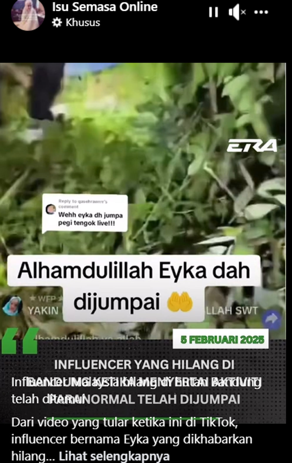 Hoaks: Konten Kreator Malaysia, Eyka Hilang di Hutan Bandung, ini Faktanya