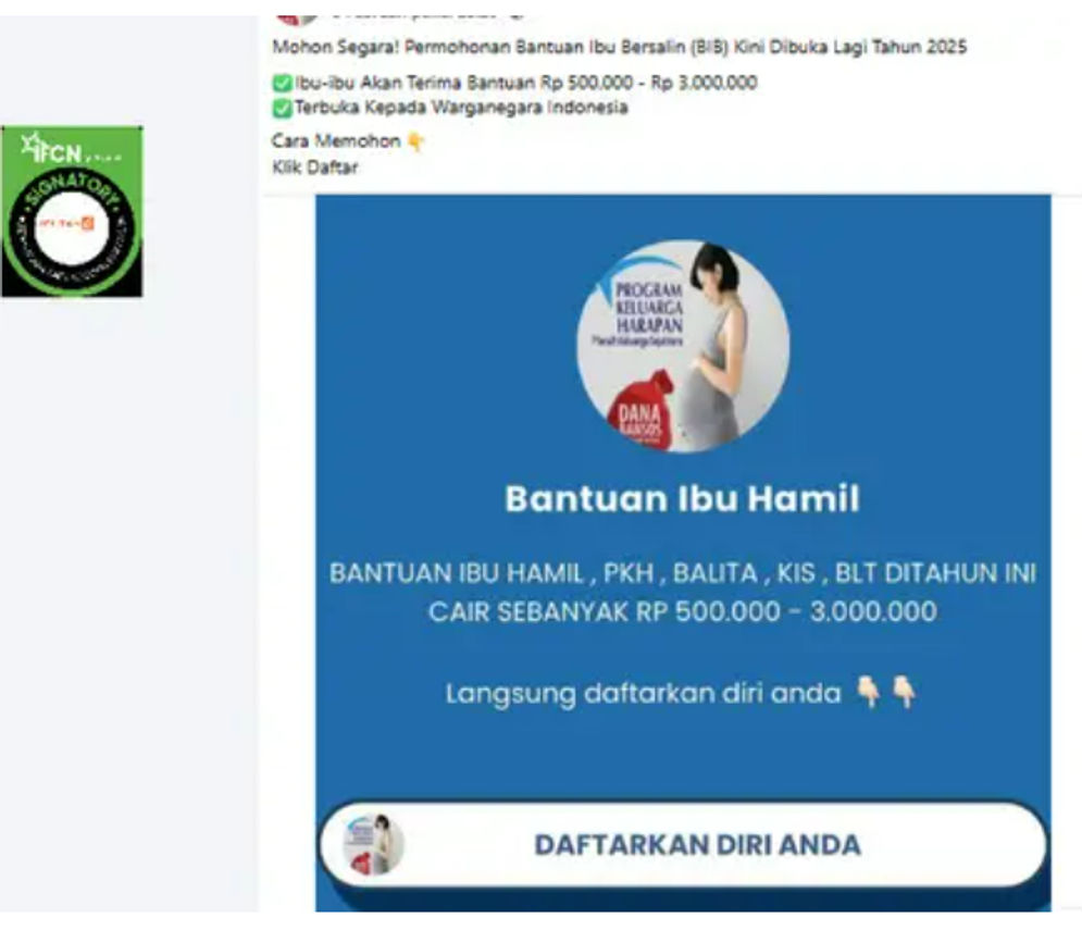 Hoaks: Tidak Benar Ini Link Pendaftaran Bantuan Ibu Bersalin