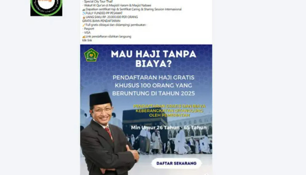 Hoaks Pendaftaran Haji Gratis! dapat Uang Saku Rp 20 Juta Lewat Link Ini