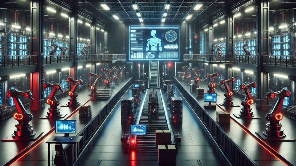 DALL·E 2025-03-03 14.26.33 - A futuristic dark factory controlled entirely by robots and AI. The facility is dimly lit, with robotic arms assembling products on a high-tech automa.jpg