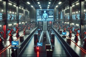 DALL·E 2025-03-03 14.26.33 - A futuristic dark factory controlled entirely by robots and AI. The facility is dimly lit, with robotic arms assembling products on a high-tech automa.jpg