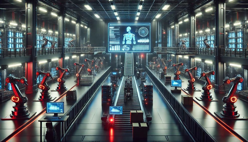 DALL·E 2025-03-03 14.26.33 - A futuristic dark factory controlled entirely by robots and AI. The facility is dimly lit, with robotic arms assembling products on a high-tech automa.jpg