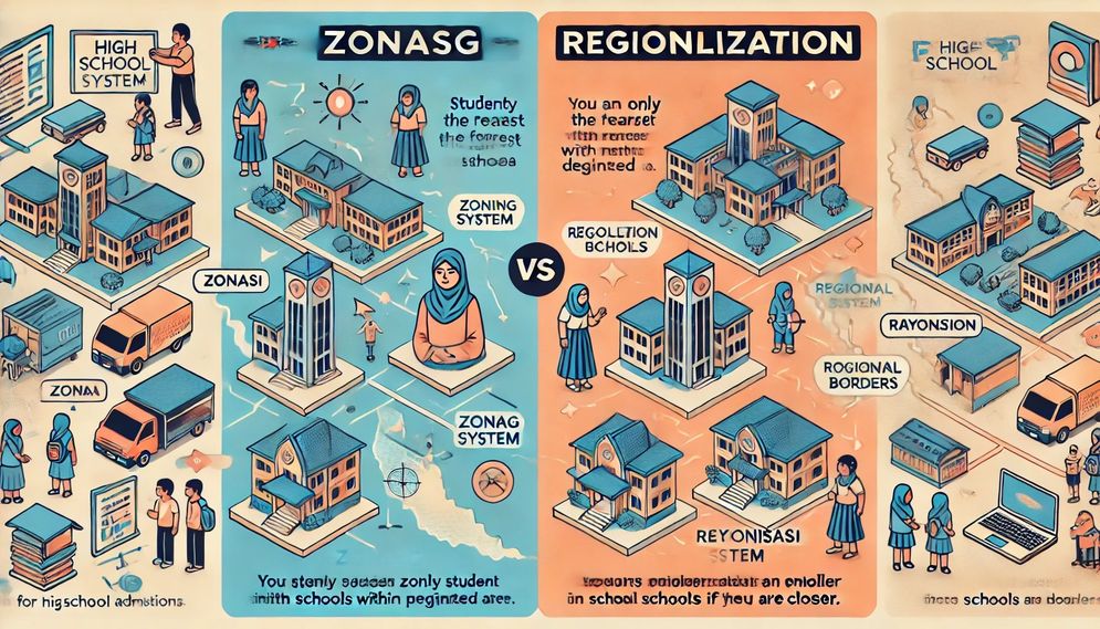 DALL·E 2025-03-05 07.24.41 - An infographic illustrating the difference between the zoning (zonasi) and regionalization (rayonisasi) systems for high school admissions in Indonesi.jpg