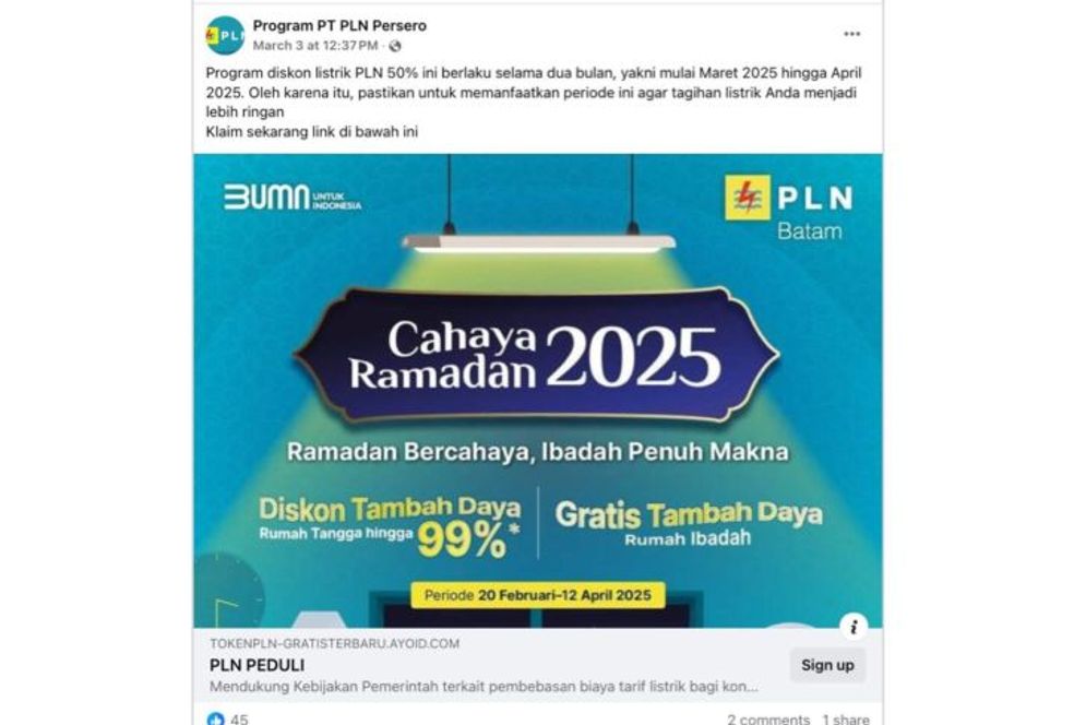  Hoaks: Diskon listrik 50 persen PLN kembali hadir periode Maret - April 2025