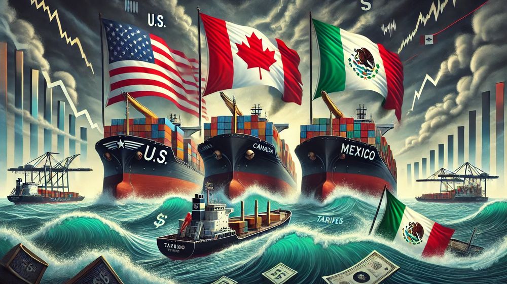 DALL·E 2025-03-07 15.57.43 - A symbolic illustration of the trade war between the United States, Canada, and Mexico. The image depicts three large cargo ships, each representing o.jpg