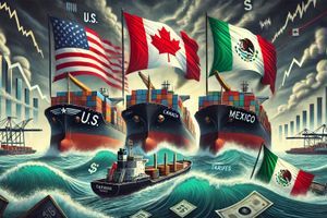DALL·E 2025-03-07 15.57.43 - A symbolic illustration of the trade war between the United States, Canada, and Mexico. The image depicts three large cargo ships, each representing o.jpg