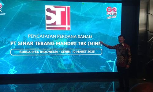 Direktur Utama PT Sinar Terang Mandiri Tbk (MINE) Ivo Wangarry di Bursa Efek Indonesia (BEI), Jakarta, Senin, 10 Maret 2025.