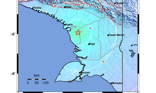 INFO BMKG: Gempa Guncang Asmat, Papua Selatan di Darat 105 Km Tenggara 5.9 Magnitudo 10 Apr 2025 pukul 14:53