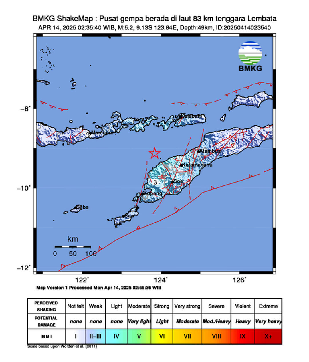 INFO BMKG: Gempa Guncang Lembata di Laut 83 Km Tenggara 5.2 Magnitudo 14 Apr 2025 pukul 02:35