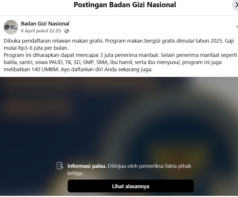Hoaks: Tautan Pendaftaran Relawan Makan Bergizi Gratis April 2025