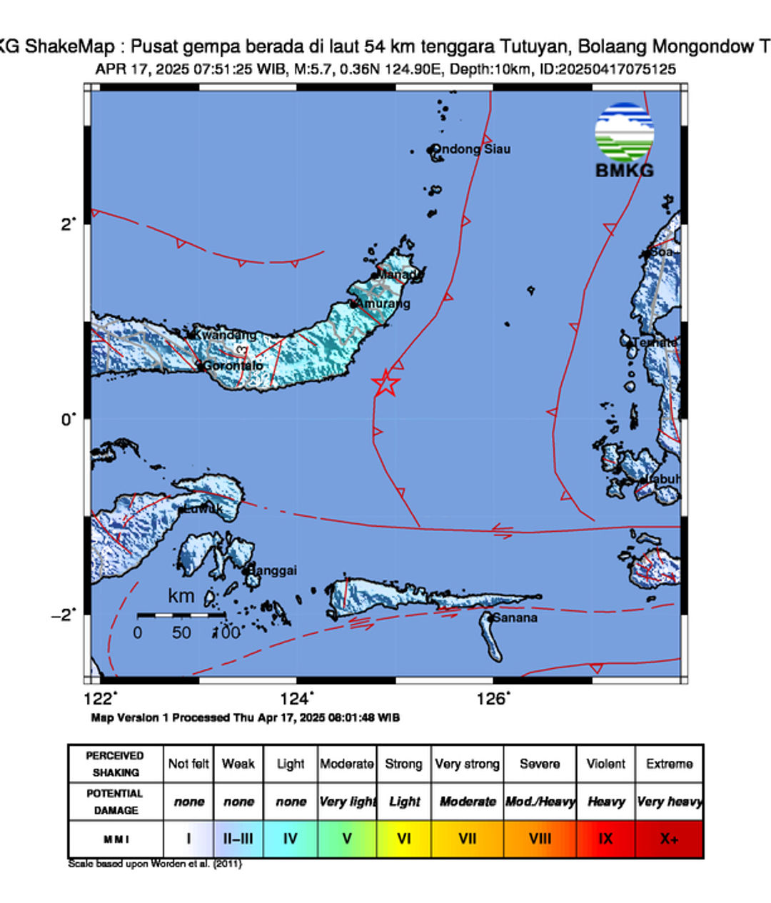 INFO BMKG: Gempa Guncang Tutuyan, Bolaang Mongondow Timur di Laut 54 Km Tenggara 5.7 Magnitudo 17 Apr 2025 pukul 07:51