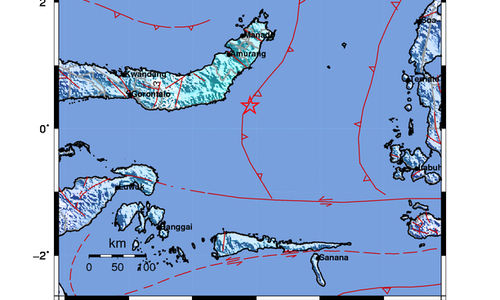 INFO BMKG: Gempa Guncang Tutuyan, Bolaang Mongondow Timur di Laut 54 Km Tenggara 5.7 Magnitudo 17 Apr 2025 pukul 07:51