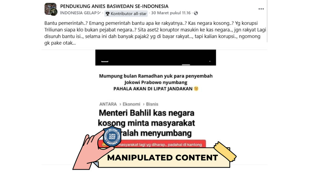 Hoaks: Menteri Bahlil, Kas Negara Kosong, Masyarakat Diminta Menyumbang