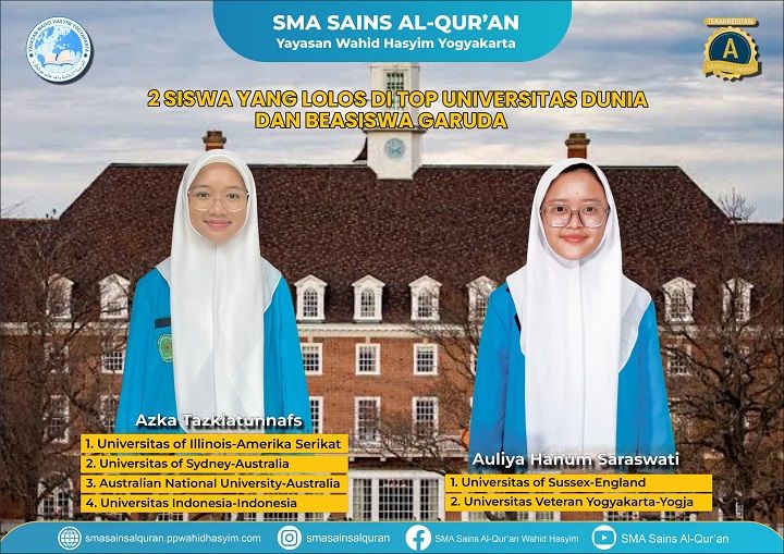 Dua Siswi SMA Sains Al-Quran Wahid Hasyim Yogyakarta Diterima di Universitas Kelas Dunia