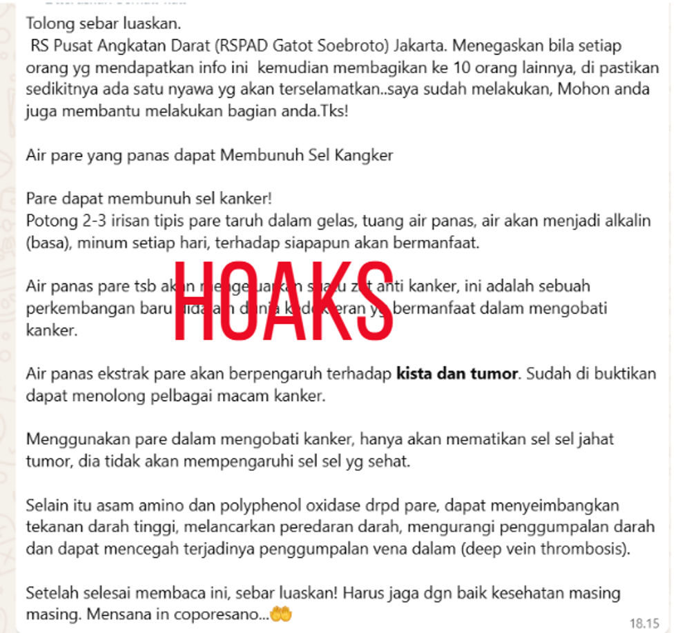 Hoaks: Air Rebusan Pare Bunuh Sel Kanker