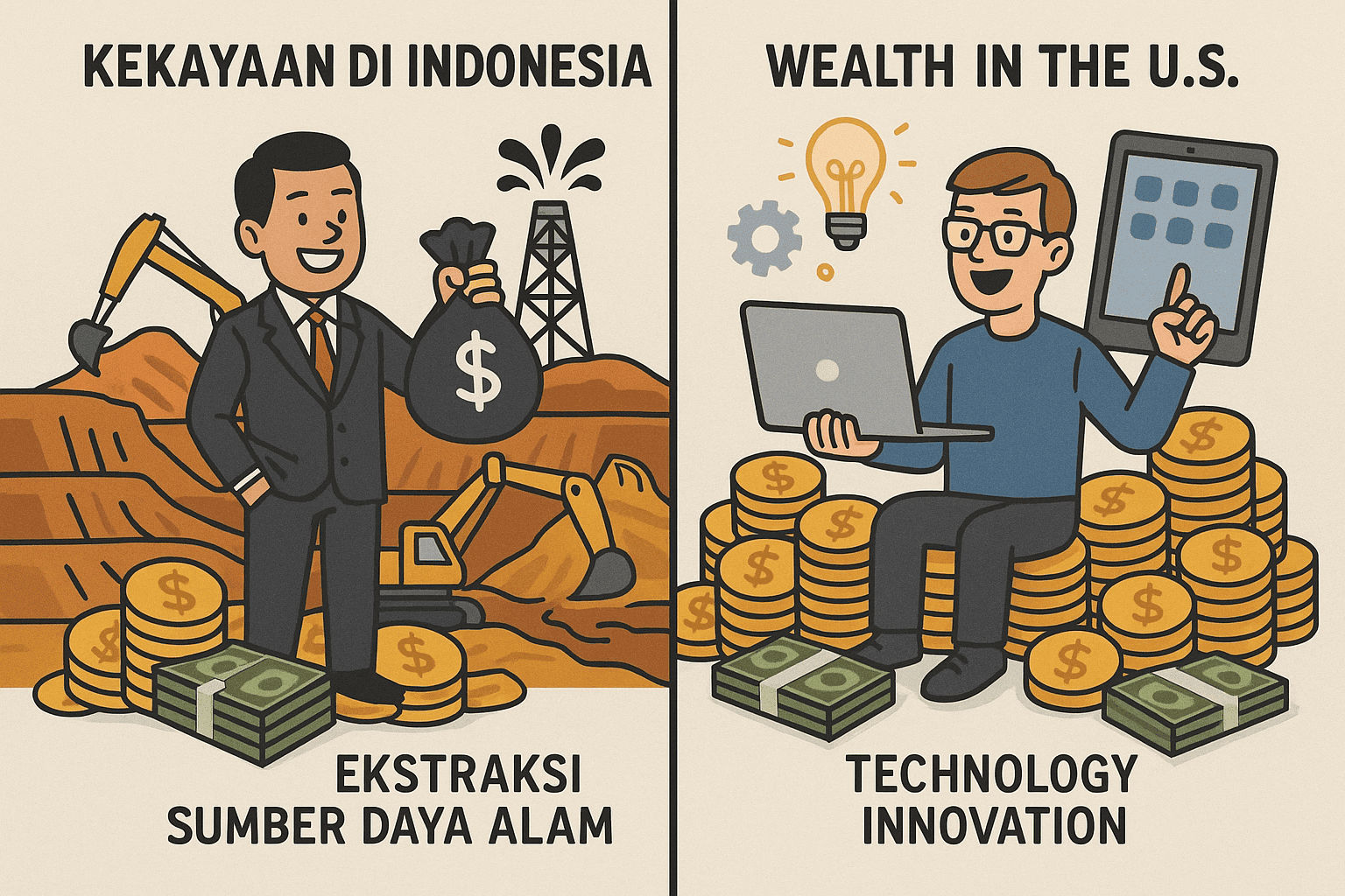 Ilustrasi perbandingan orang kaya di Indonesia dengan orang kaya di AS.