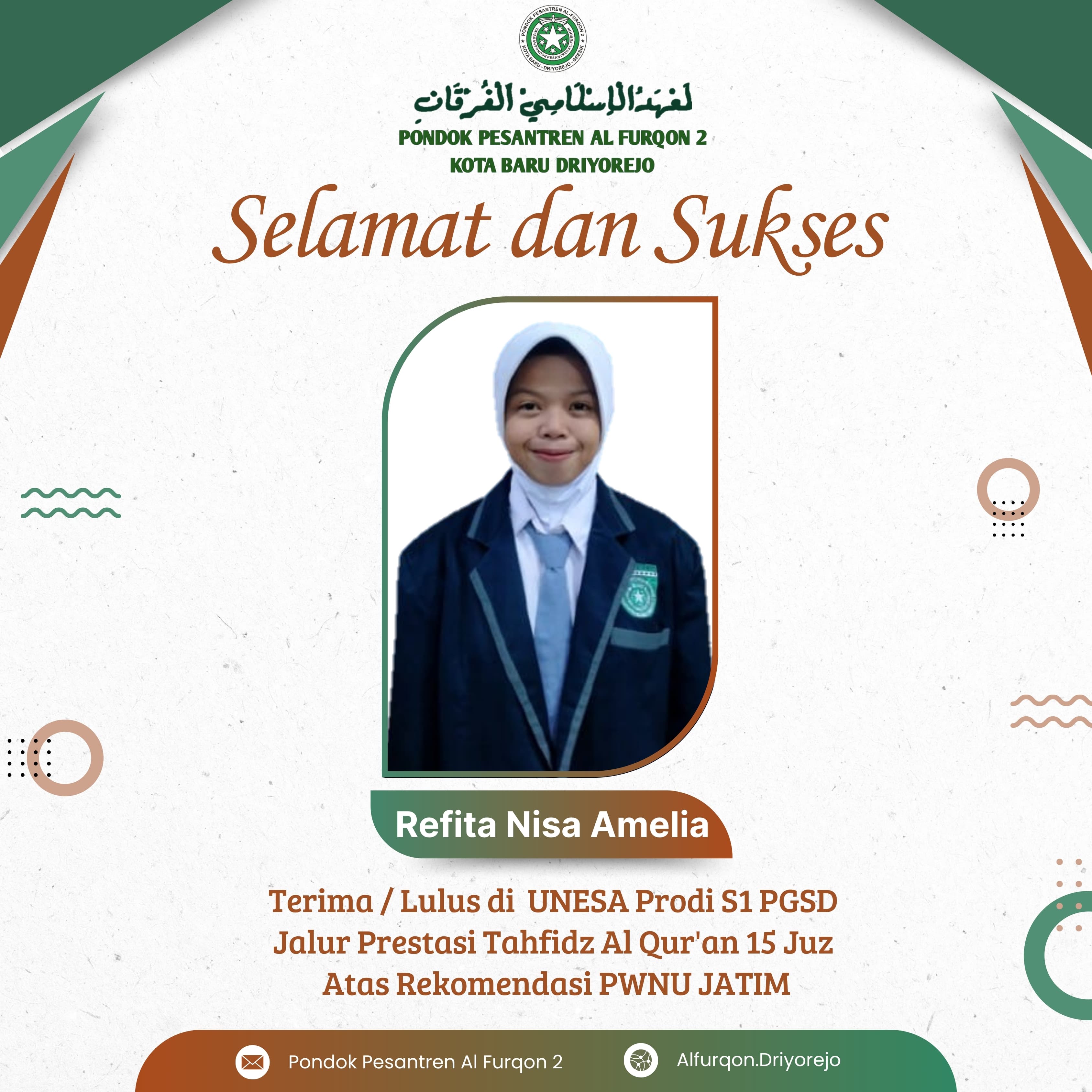 Ucapan selamat atas diterimanya Refita Nisa Amelia, diterima di Universitas Negeri Surabaya atau Unesa.