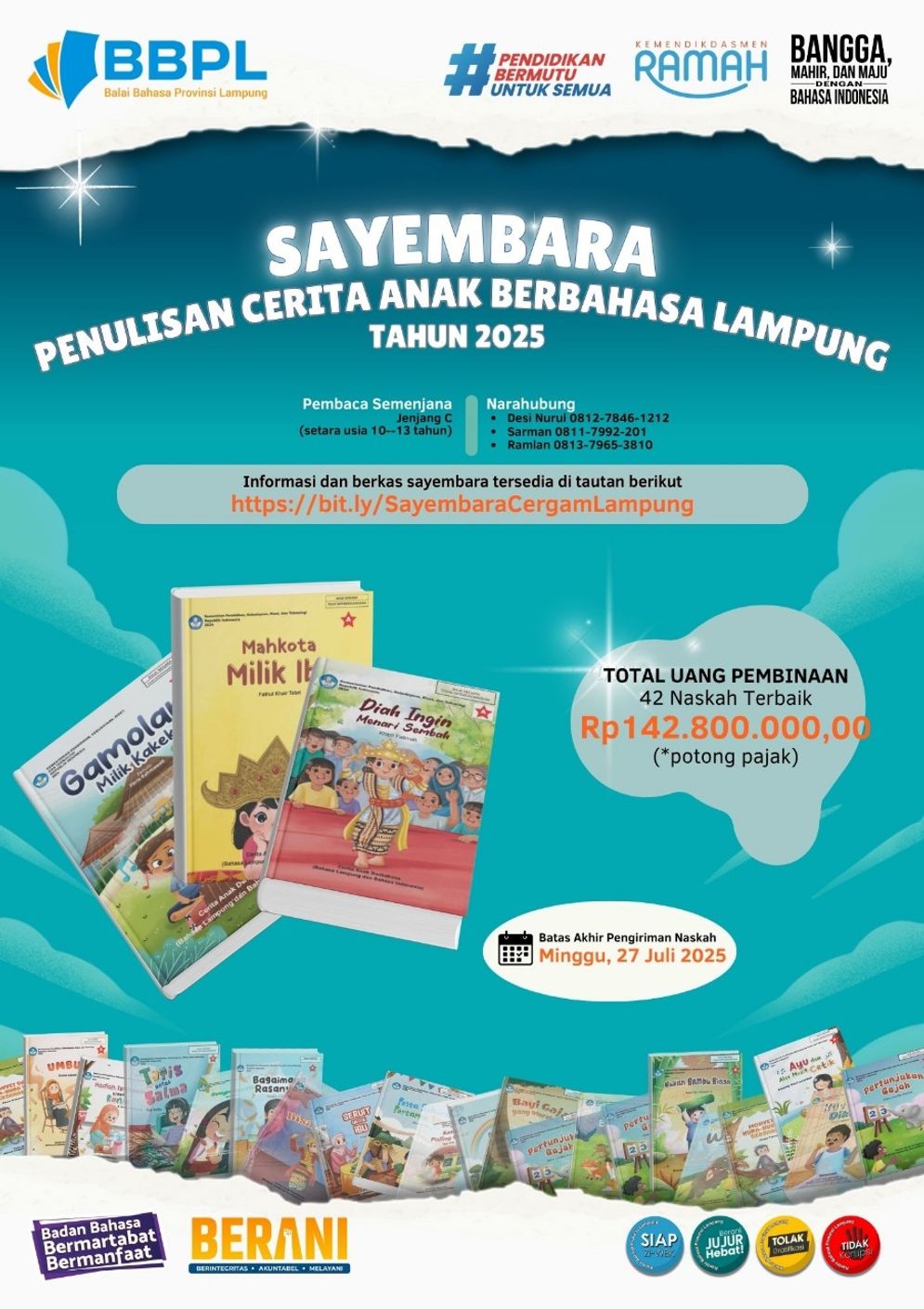 Sayembara Penulisan Cerita Anak Berbahasa Lampung Tahun 2025.