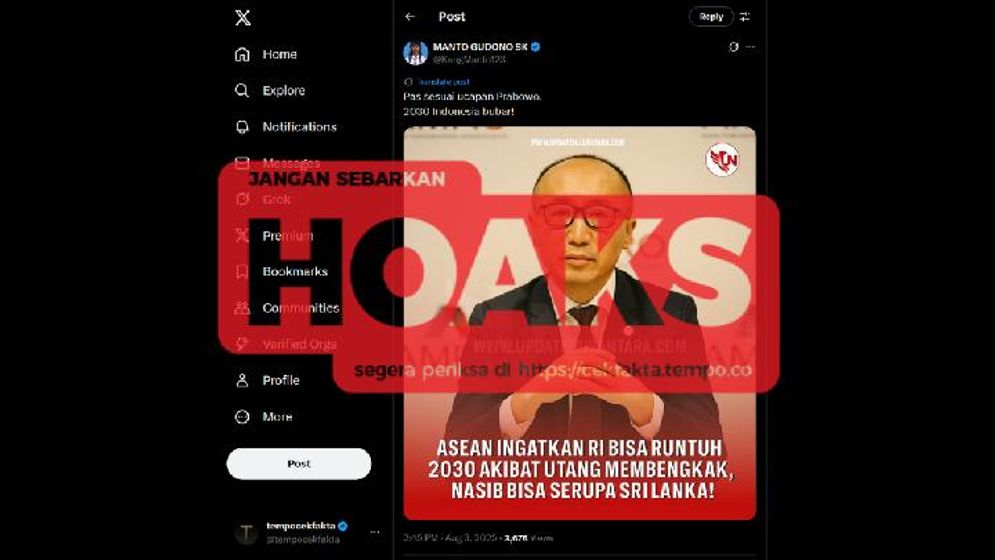 Hoaks: ASEAN Memprediksi Indonesia Bangkrut Pada 2030 karena Utang