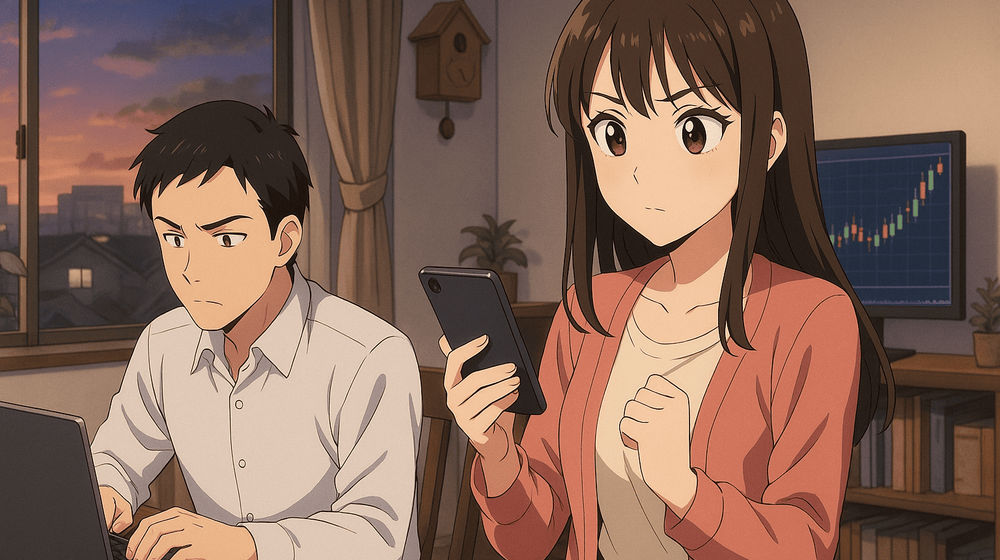 Ilustrasi suami bekerja dan istri mencari peluang dari investasi dan trading. 