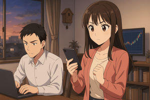 Ilustrasi suami bekerja dan istri mencari peluang dari investasi dan trading. 