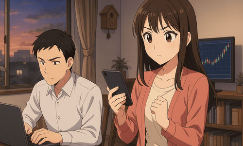 Ilustrasi suami bekerja dan istri mencari peluang dari investasi dan trading. 