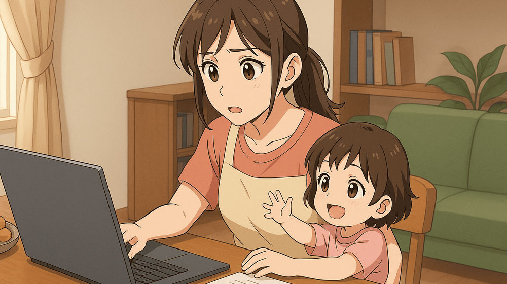 Ilustasi ibu berbisnis sambil mengasuh anak.png