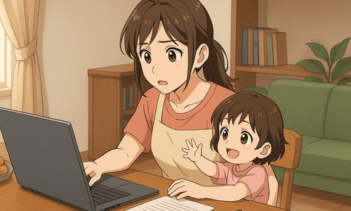 Ilustasi ibu berbisnis sambil mengasuh anak.png