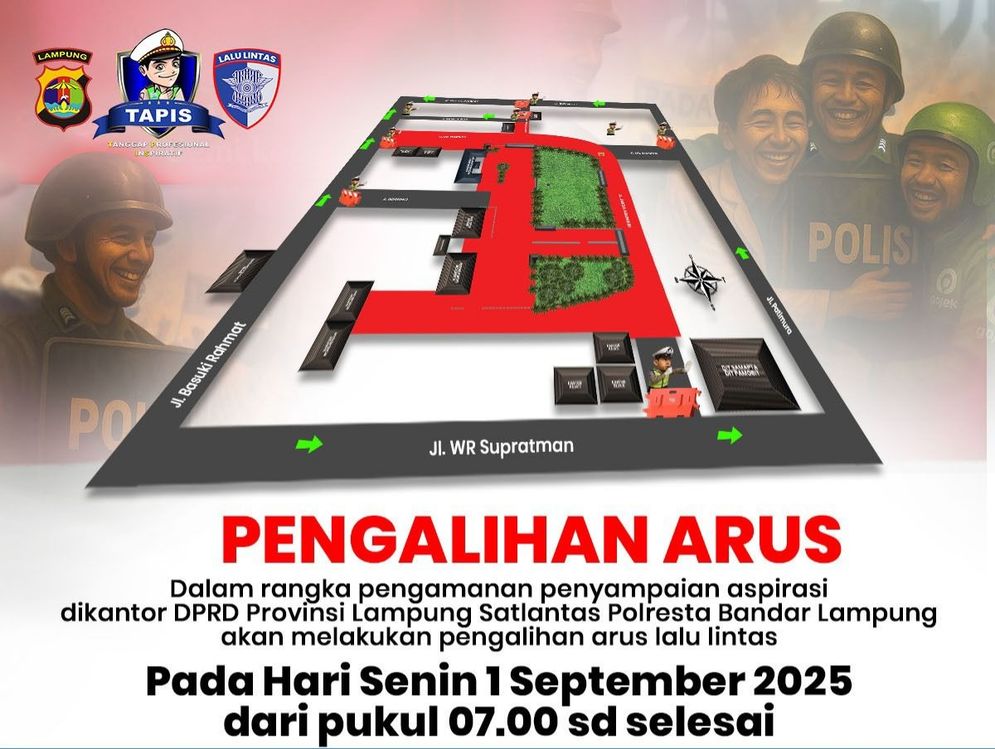 Satuan Lalu Lintas (Satlantas) Polresta Bandar Lampung akan memberlakukan pengalihan arus lalu lintas pada Senin (1/9/2025).