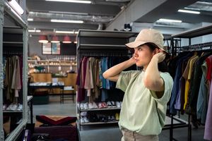 Ilustrasi wanita sedang mencoba barang thrifting.