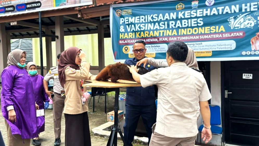 Petugas memberikan vaksin rabies gratis pada hewan peliharaan milik seorang pecinta hewan di Palembang