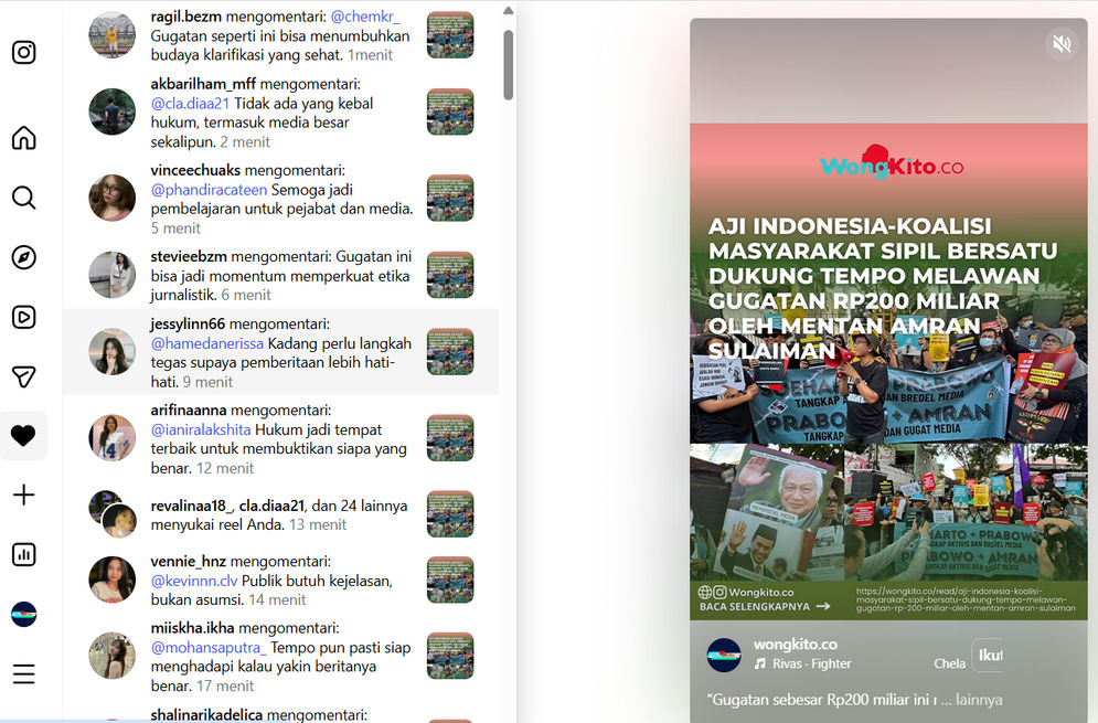 Buzzer membanjiri komentar di akun WongKito.co