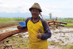 Petani memegang buku tabungan BRI di sawah sambil mengacungkan jempol setelah menerima bantuan BLTS Kesra.