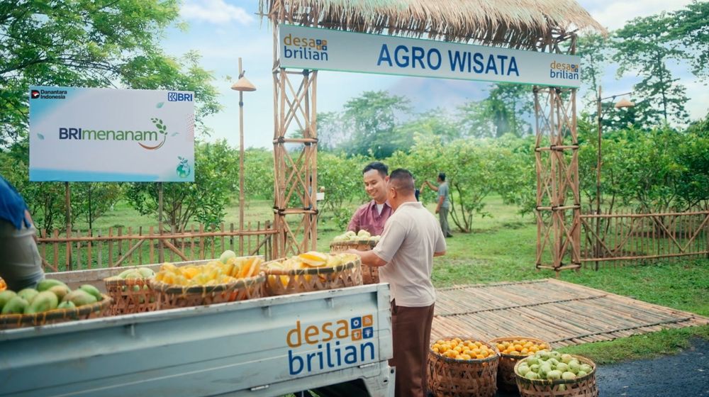 Dua warga sedang bertransaksi buah-buahan di area Agro Wisata Desa Brilian dengan papan program BRI Menanam terlihat di latar belakang.