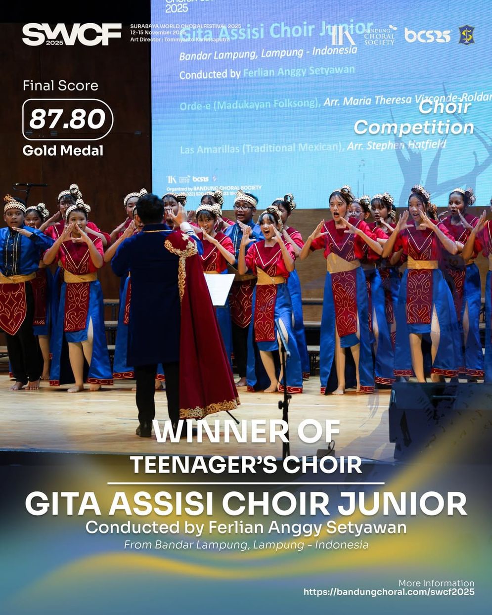 Gita Assisi Junior Choir (GACJ) dari SMP Fransiskus Tanjungkarang berhasil mengharumkan nama Lampung setelah meraih medali emas pada ajang Surabaya World Choral Festival (SWCF) 2025 yang berlangsung di Balai Pemuda Surabaya, 12–15 November 2025. 