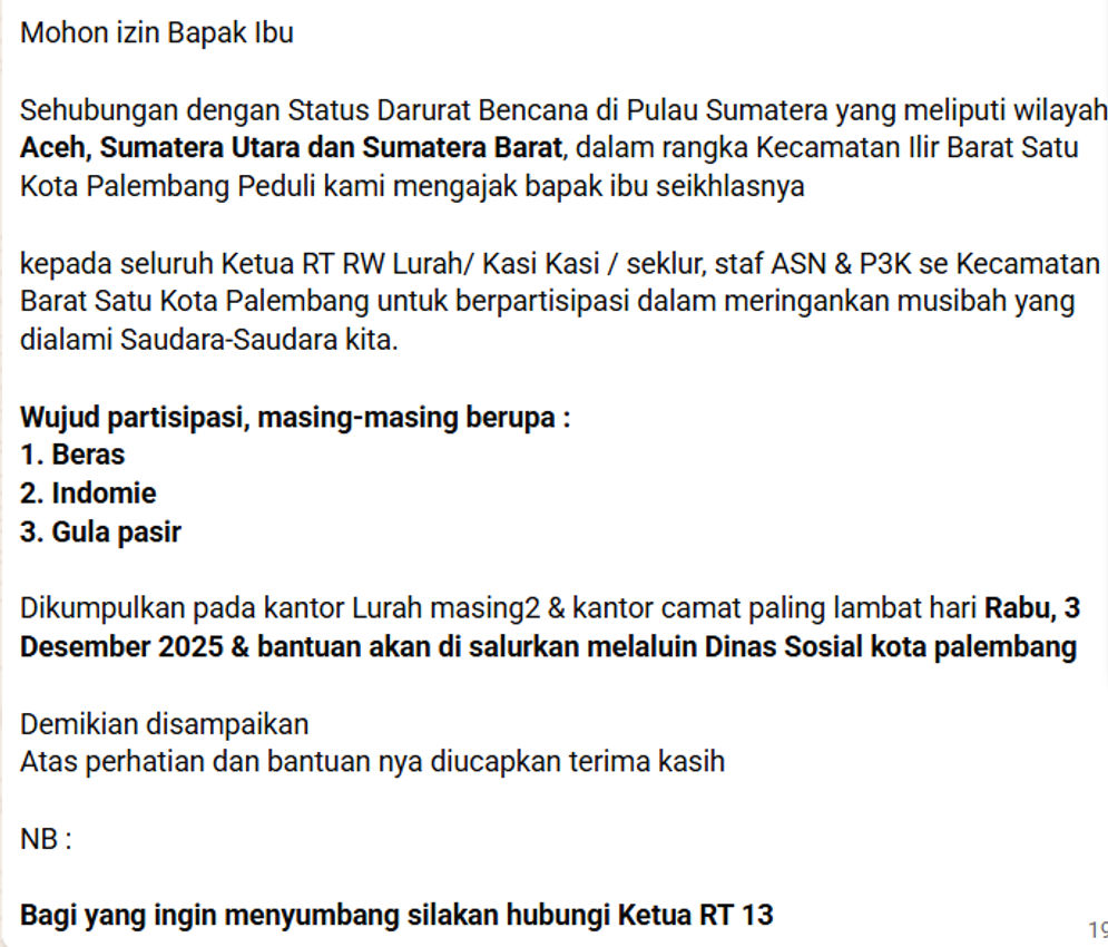 #RakyatHidupiRakyat: Warga Palembang Antusias Bantu Korban Bencana Aceh, Sumut, dan Sumbar