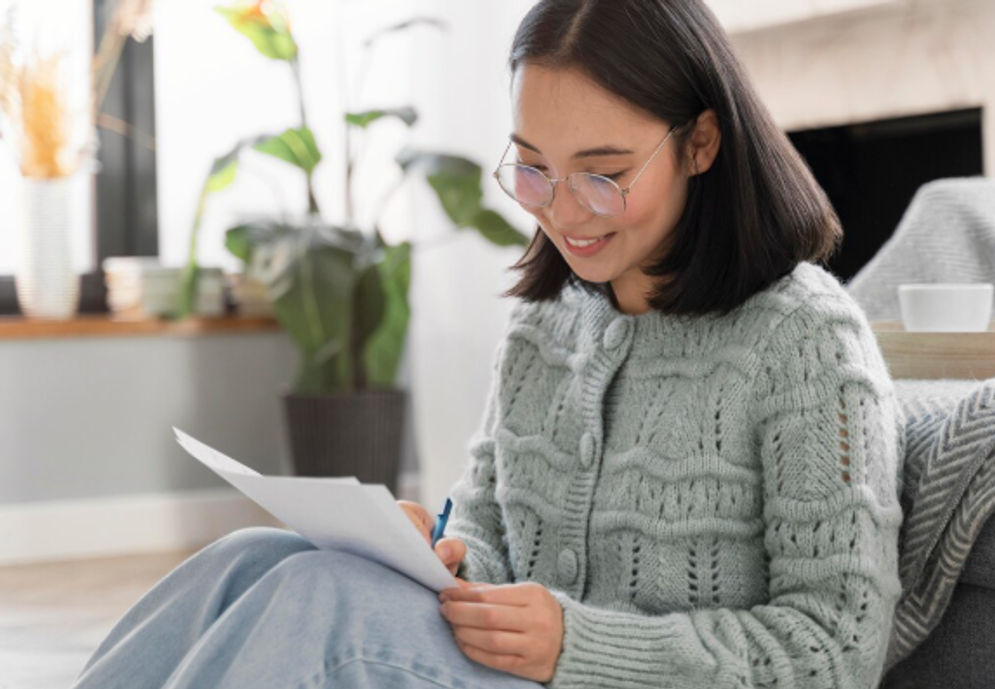 Ilustrasi seorang wanita tengah mencatat resolusi Tahun Baru.