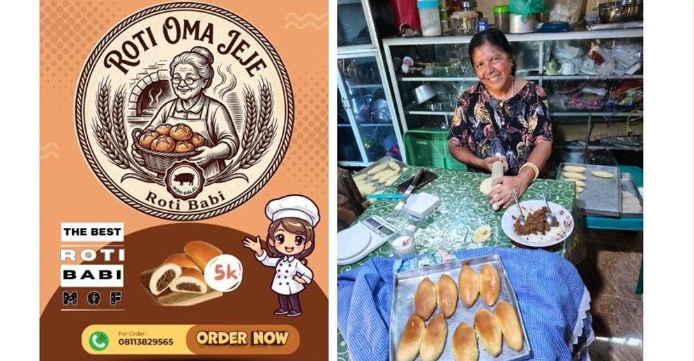 Brand 'Roti Oma Jeje' (kiri) dan Iin Assa dengan produk roti isi daging babi, hasil inovasinya.