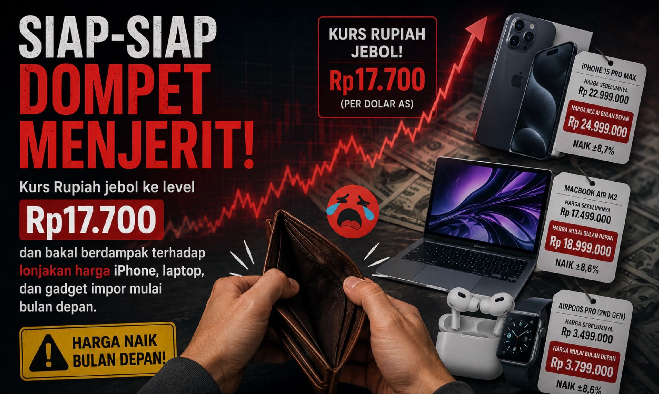 Kurs Rupiah jebol ke level Rp17.700 per dolar AS dan bakal berdampak terhadap lonjakan harga iPhone, laptop, dan gadget impor mulai bulan depan.