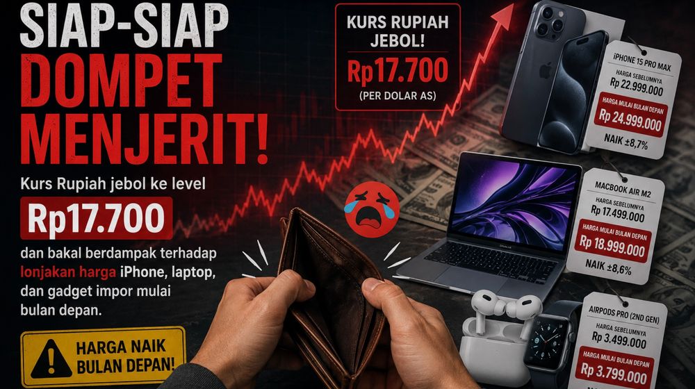Kurs Rupiah jebol ke level Rp17.700 dan bakal berdampak terhadap lonjakan harga iPhone, laptop, dan gadget impor mulai bulan depan.