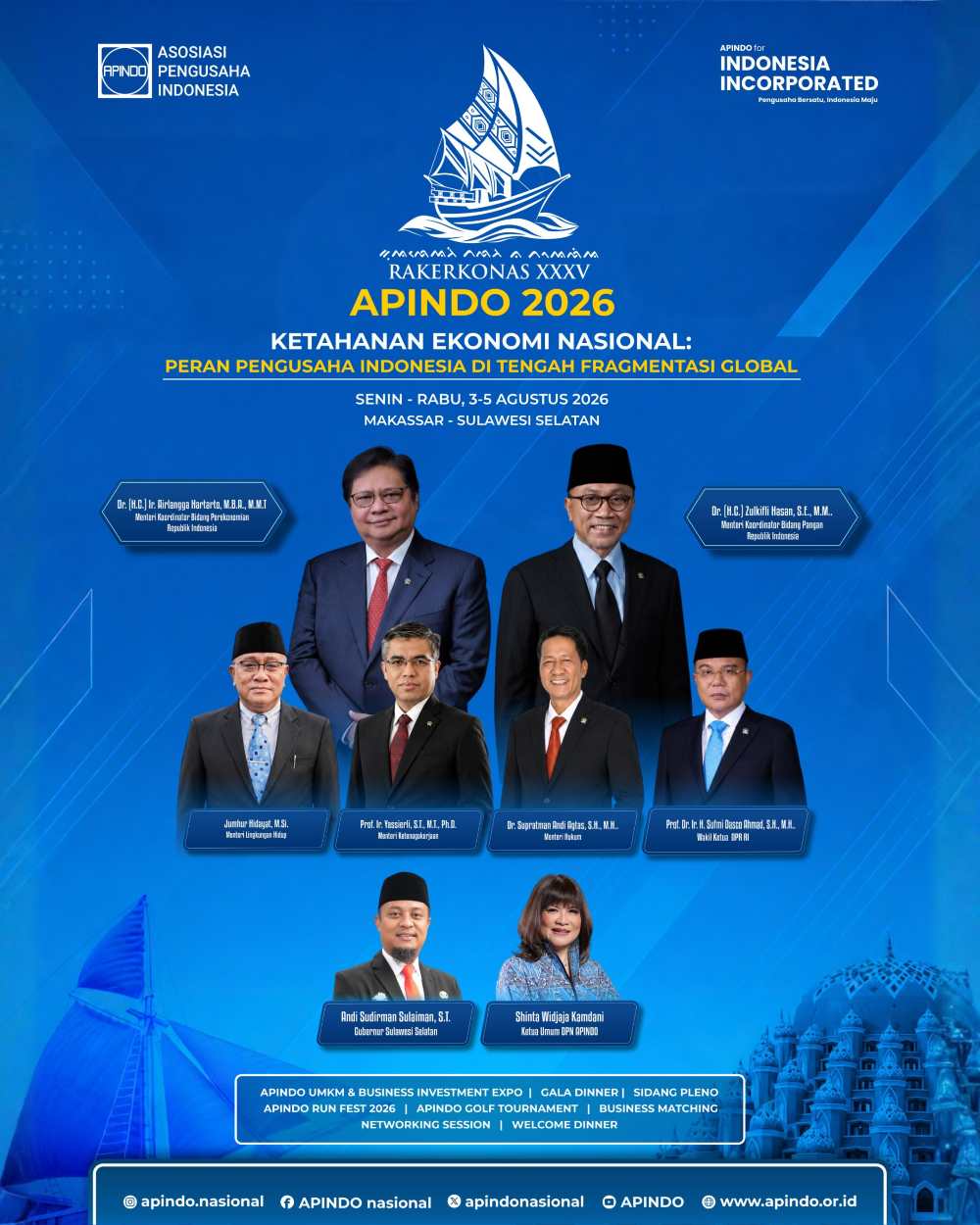 Rakerkonas XXXV APINDO 2026 di Makassar pada 3-5 Agustus akan dihadiri empat duta besar, enam menteri, Wakil Ketua DPR RI, dan lebih dari 600 delegasi untuk membahas penguatan investasi.