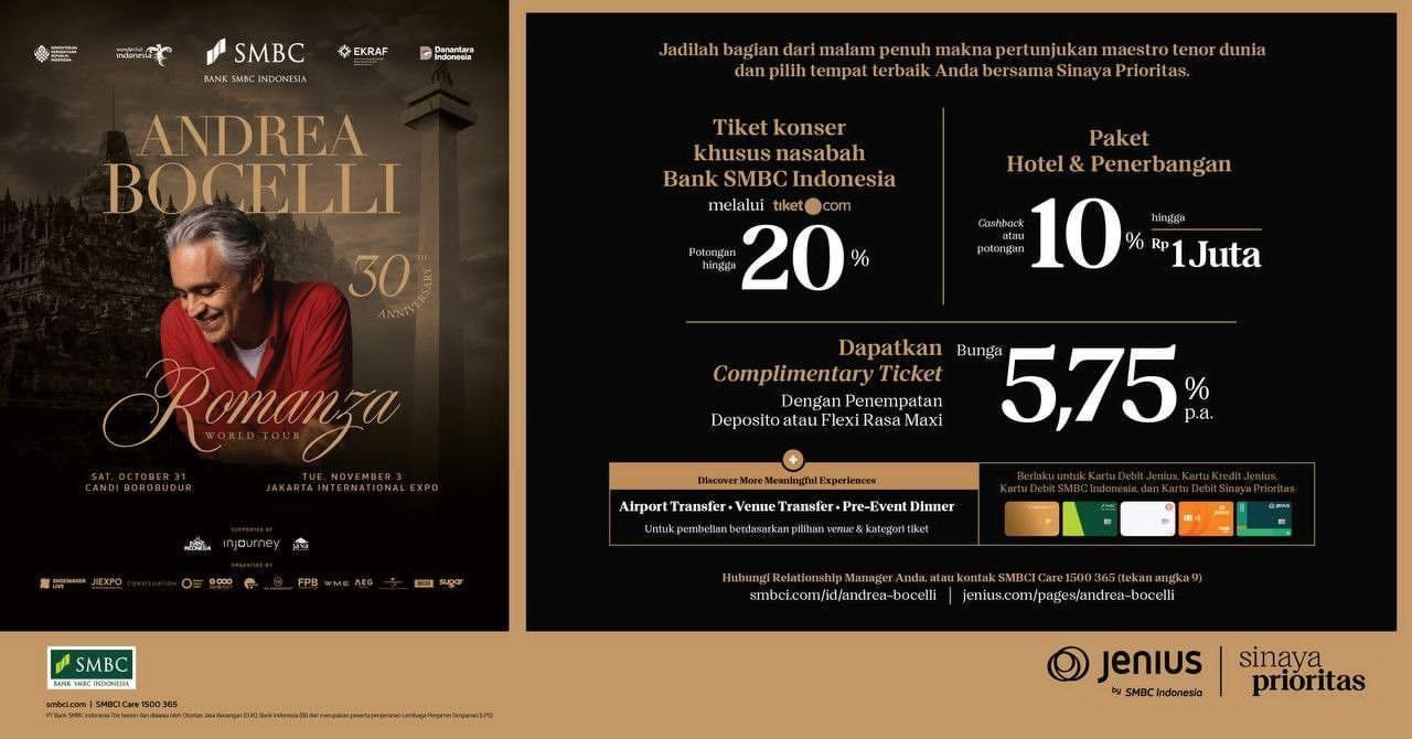 Bank SMBC Indonesia Hadirkan Diskon 20% Tiket Konser Andrea Bocelli